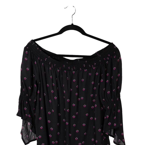 Express Women's Blouse Black Pink Floral Off Shoulder Ribbed 3/4 Sleeve Top M - Picture 6 of 9